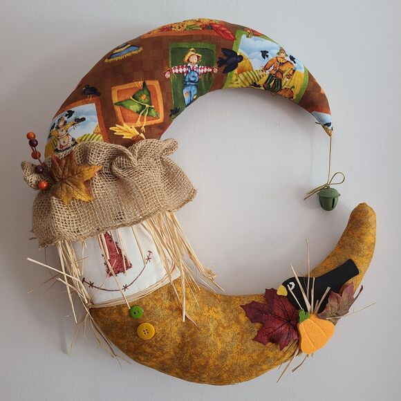 Handcrafted Autumn Moon Scarecrow Wreath Fall Halloween Design Decor Elements - Picture 1 of 10